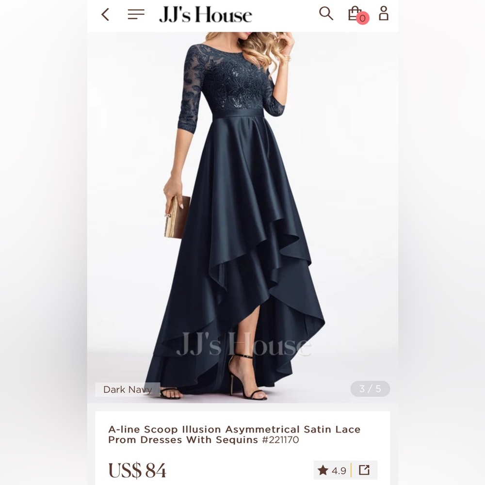 Navy A-line scoop asymmetrical satin lace formal dress